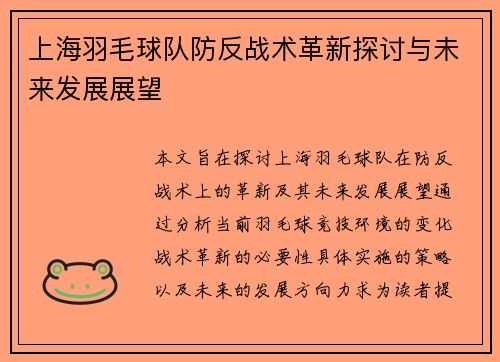 上海羽毛球队防反战术革新探讨与未来发展展望